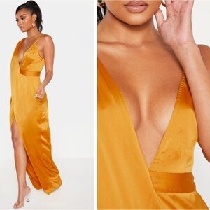PrettyLittleThing Mustard asymmetric drape detail long dress